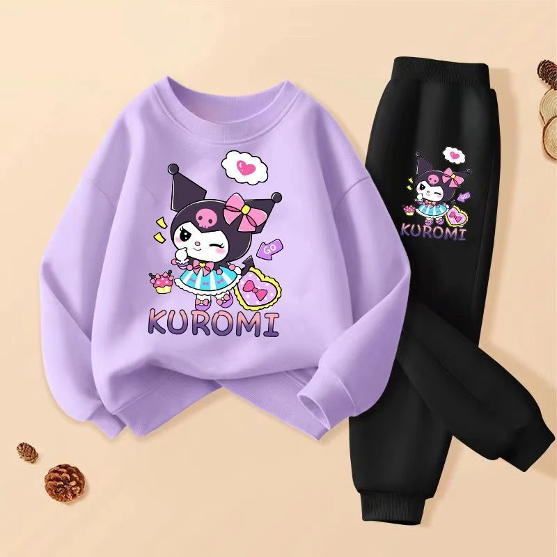 SANRIO Spring Autumn Children Clothing Sets Cartoon Kuromi Print Girls Sweatshirt  2pcs Suit Breathable Thin Kids Tracksuit