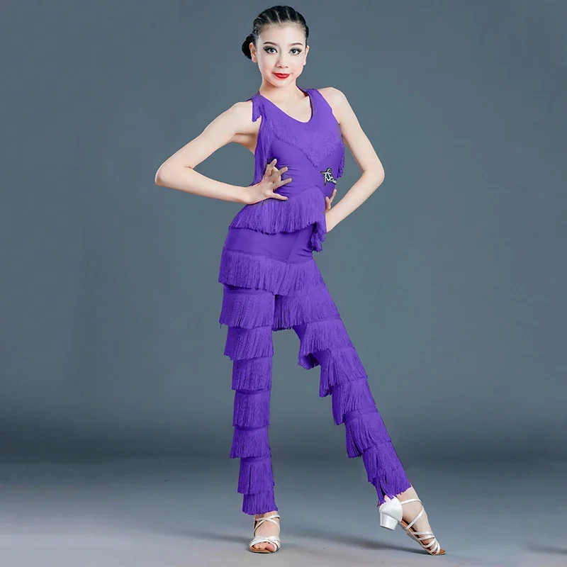 ファッションラテンダンスの服女の子ラテンフリンジトップパンツ子供サルサタンゴチャチャ社交ダンスパフォーマンス衣装 SL4281