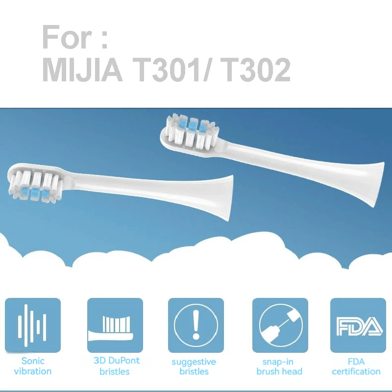 Substituição Toothbrush Cabeças com embalagem a vácuo, Sonic escova de dente elétrico, DuPont Cerdas Bicos, Mijia T301, T302