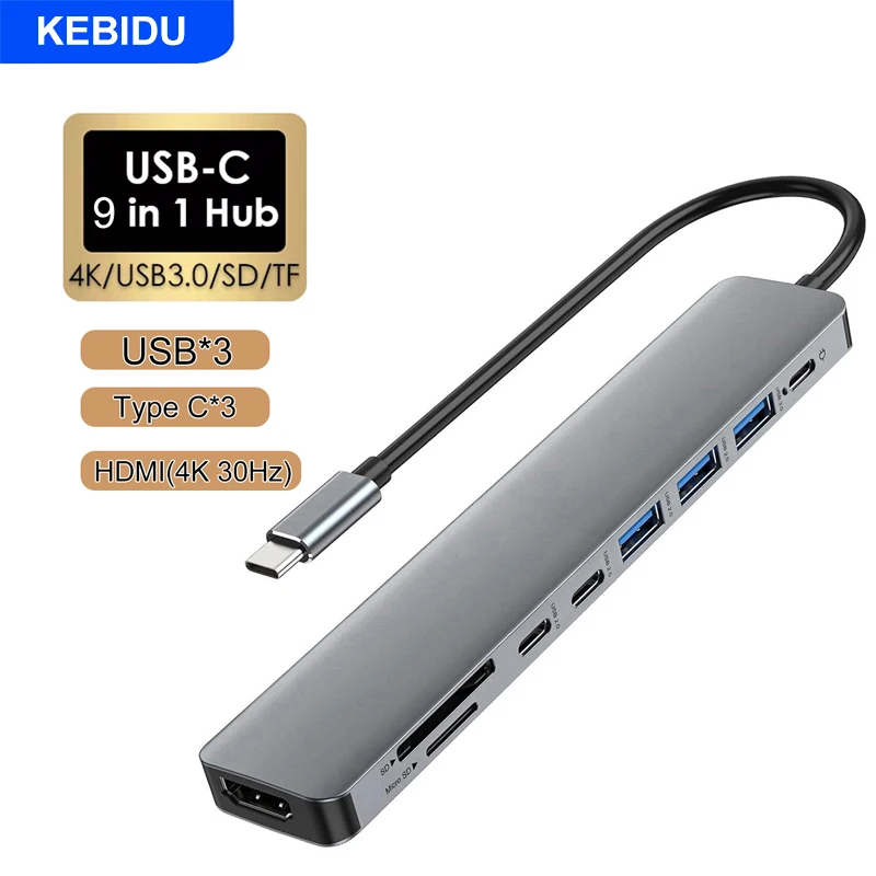 KEBIDU 9 IN 1 USB3.0 HUB USB C Docking Station SD TF Hubs 5Gbps Transmission TYPE-C to 4K HDMI Adapter USB Splitter for Laptop