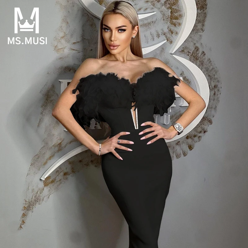 

MSMUSI 2023 New Fashion Women Sexy Strapless V Neck Feather Sequins Backless Bandage Party Club Bodycon Event Slim Midi Dress