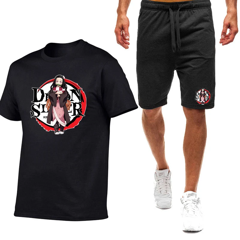 2026 Men's Demon Slayer Anime Nezuko Logo Print Summer Round Neck Solid Color Eye Catching T-shirt Drawstring Half Pants Suits