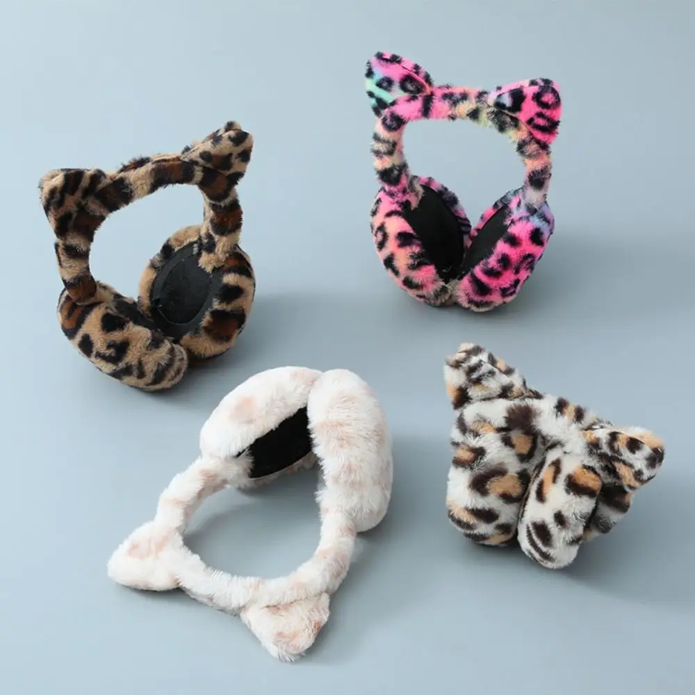 Lovely Cat Ears Plush Ear Muffs Print Foldable Leopard Earmuffs Simple Frostproof Thickened Ear Muffs Women/Men