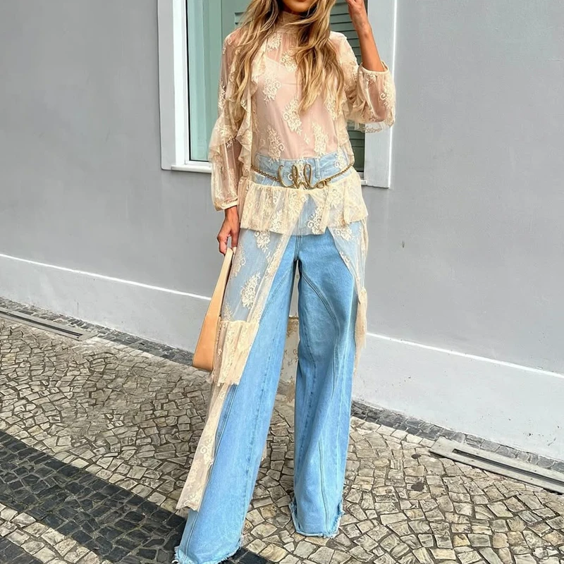 Robe plumeau en dentelle florale transparente pour femmes, manches longues, maille transparente, à volants, couches, haut fluide, fendue sur le devant