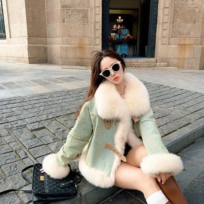 2025. New Large Fur Collar Denim Jackets Women Outwear Duck Down Liner Down Jacket Sort Motorcycle JacketWinter Thick Warm Parka