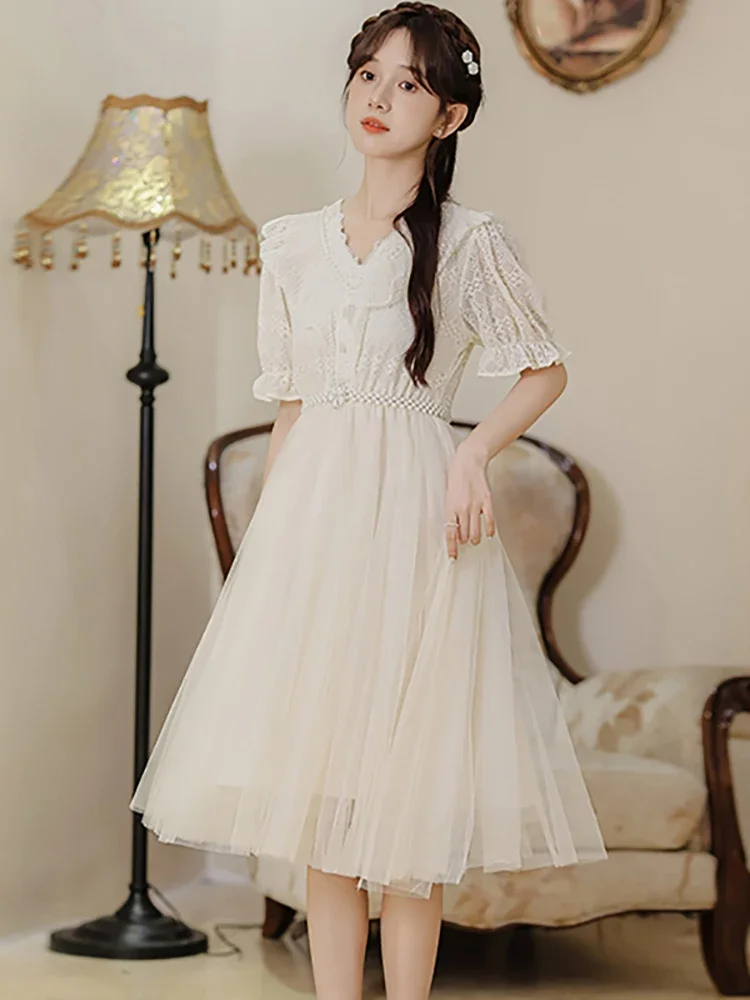 Vestido elegante de verano con cuentas, vestido de fiesta Vintage coreano 2025, vestido largo de lujo con gancho de retazos de malla blanca y flores para mujer