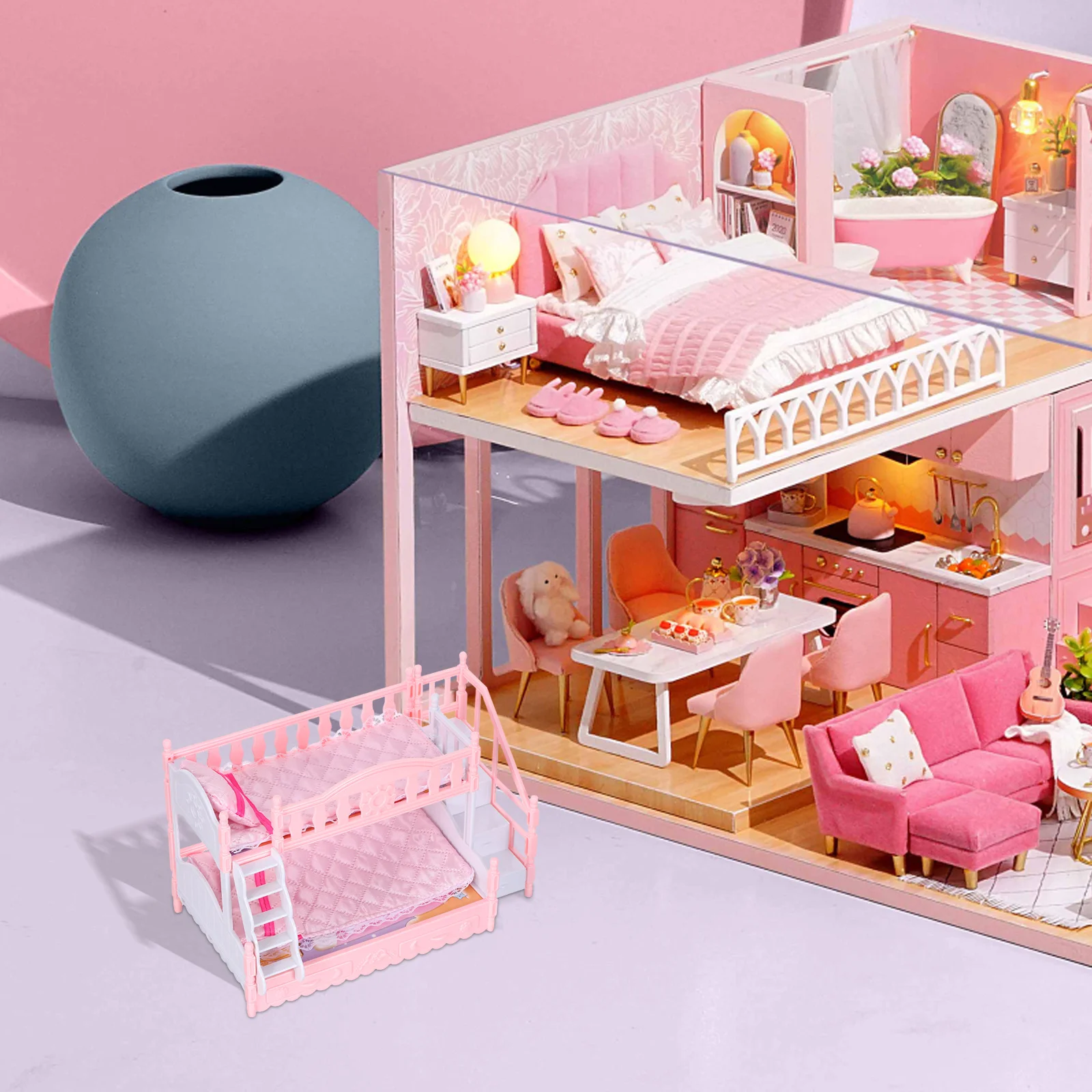 1Set Mini Huis Stapelbed 1:12 Schaal Realistische Simulatie Miniatuur Slaapkamer Meubels Laken Kussen Ladder Kleine Poppenhuis