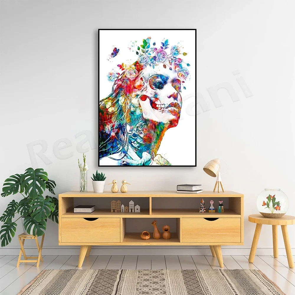 Watercolor skull woman face facial muscles skull bone medical art beauty poster, cosmetic plastic surgeon office decoration gift
