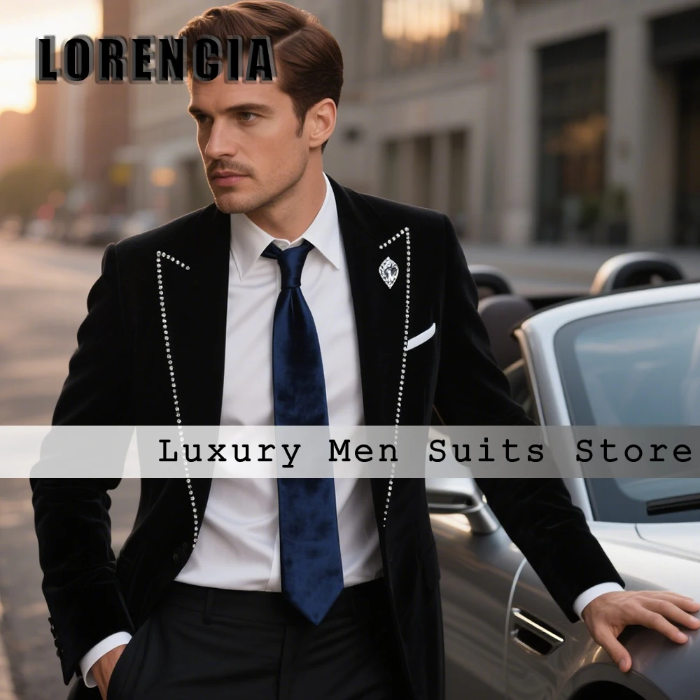 

Simple Crystal Male Suits 2 Pieces Single Breasted Rhinestone Tuxedos Wedding Groom Outfits Customized Blazer Pants ropa hombre