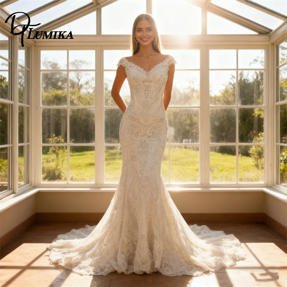 

DTLumika Beaded Lace Wedding Dress Elegant Cap Sleeves Mermaid Bride Dresses 2026 Bride-to-be Luxury Womens Bridal Gown