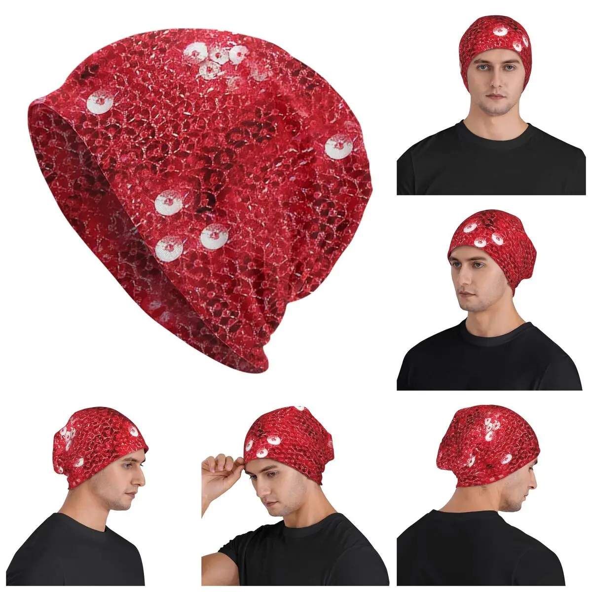 

Festive Red (Sequins ) Warm Knitted Cap Hip Hop Bonnet Hat Autumn Winter Outdoor Beanies Hats for Men Women Adult