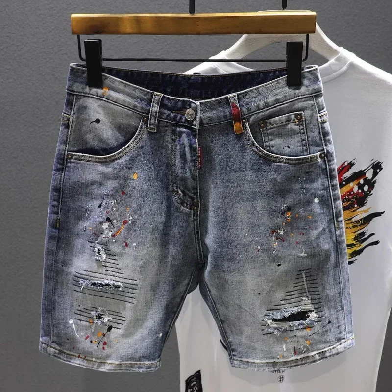 Celana Jeans Pendek untuk Pria Celana Pendek Denim Pria Kulit Hitam Robek Multi Warna Baru dalam Peregangan Fashion Korea Koboi Dipasang Musim Panas Mewah Xl