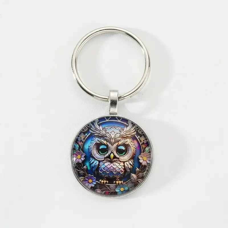 Owl Pattern Keychain Pendant, New Product Accessories, Metal Circular Glass Keychain Pendant, Small Gift