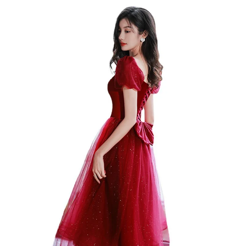 Wine Red Off the Shoulder Evening Dress Luxury Velvet Puff Sleeves Princess Dresses Tulle Sequins A-Line Engagement Gown