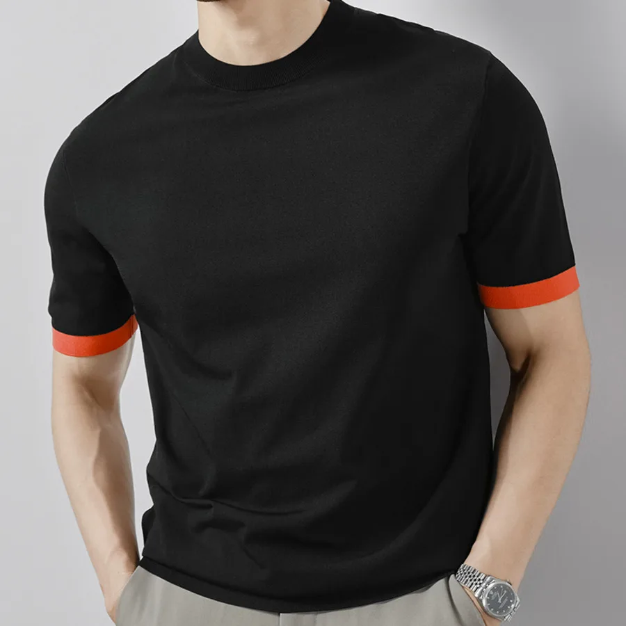 Luxury Knitted Short Sleeve T-Shirt Business O-Neck T-shirt Men T Shirt Solid Color Tee Shirt Homme High Quality Tee Shirt Homme