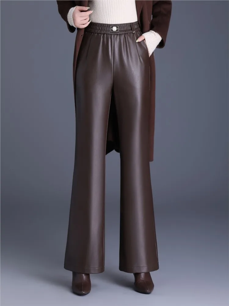 ZUZK Elastic Waist Slimming Pu Leather Flare Pants New Women Fashion Flare Pants PU Leather Trousers Fashion Warm Pants
