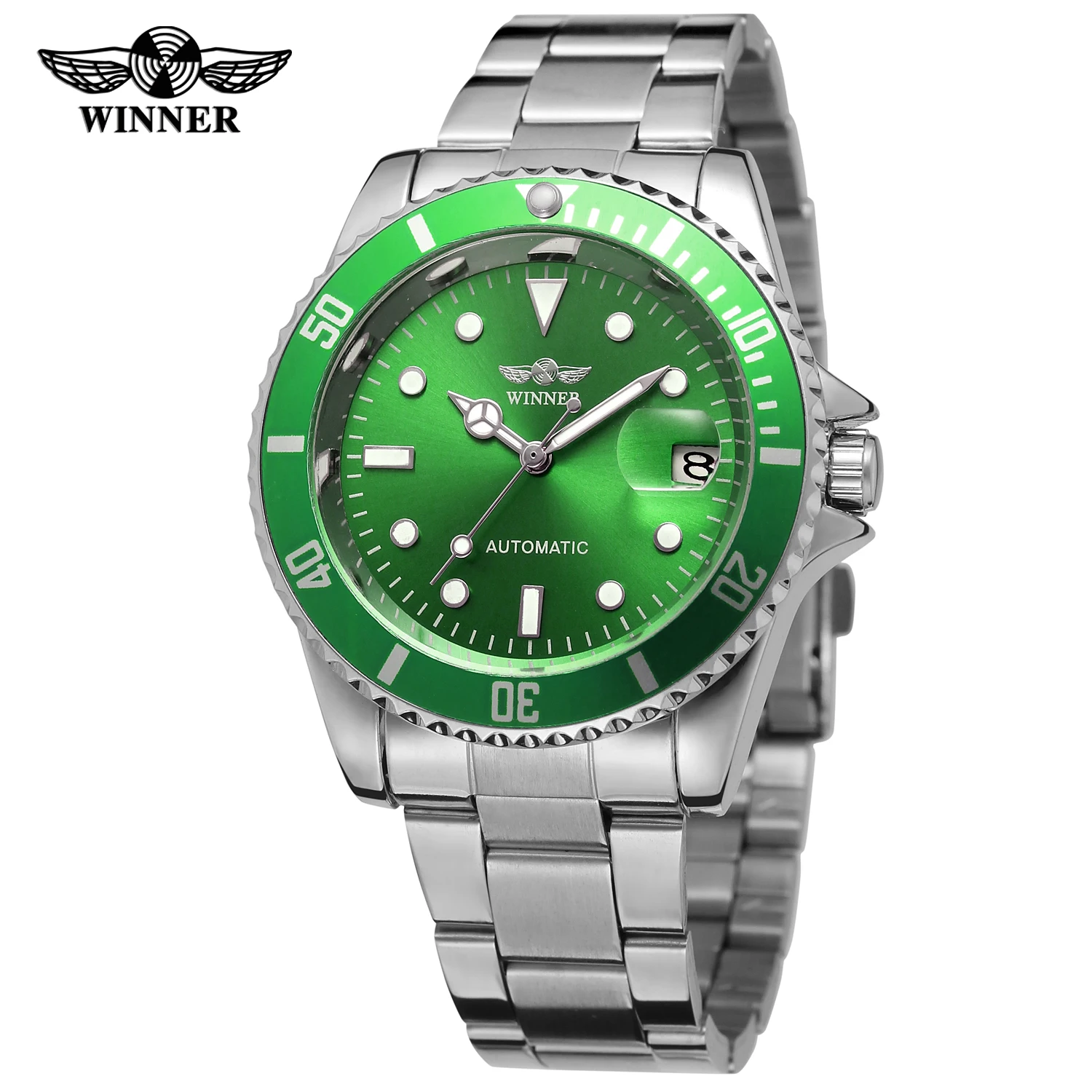 T-WINNER Classic Watch Men Metal Auto Date Self-wind Mechanical Wristwatches Fashion Colored Dial Full Steel Band for Man Casual