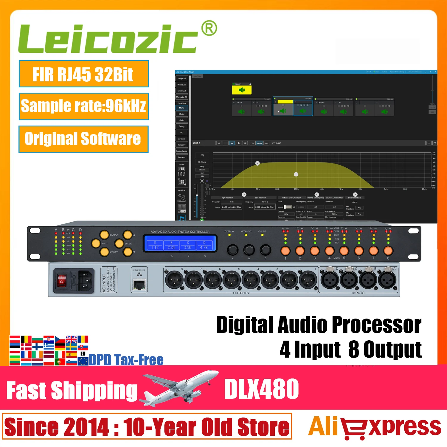 Leicozic Audio Processor Digital Loudspeaker Management 96KHz 32Bit FIR ASC-48 Stage Processor Audio 4In 8Out DLX480 90-240V