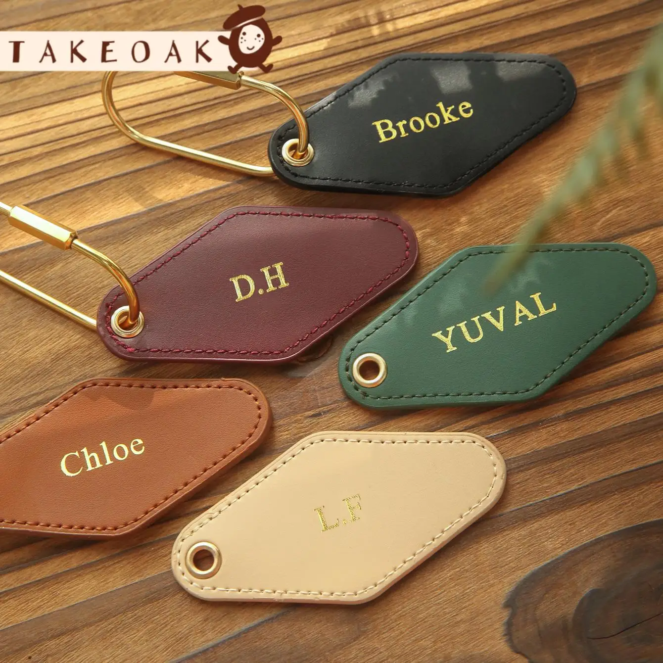 Personalized Custom Name Initial Rhombus Leather Key Tag Brass Carabiner Hook Bag Keychain Suitcase Backpack Anti-Lost Label
