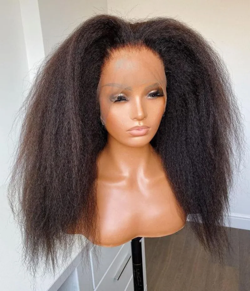 Middelzijde Zachte Pretokkiked Yaki Zwart 26 "Lange Kinky Recht Diep Kant Voorkant Pruik Voor Vrouwen Met Baby Haar Synthetische Lijmloze