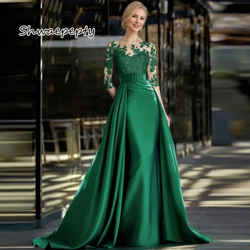 

Elegant Green Prom Dress With Detachable Train Lace Appliques Half Sleeves Formal Occasion Gown Customized Wedding Party Wear