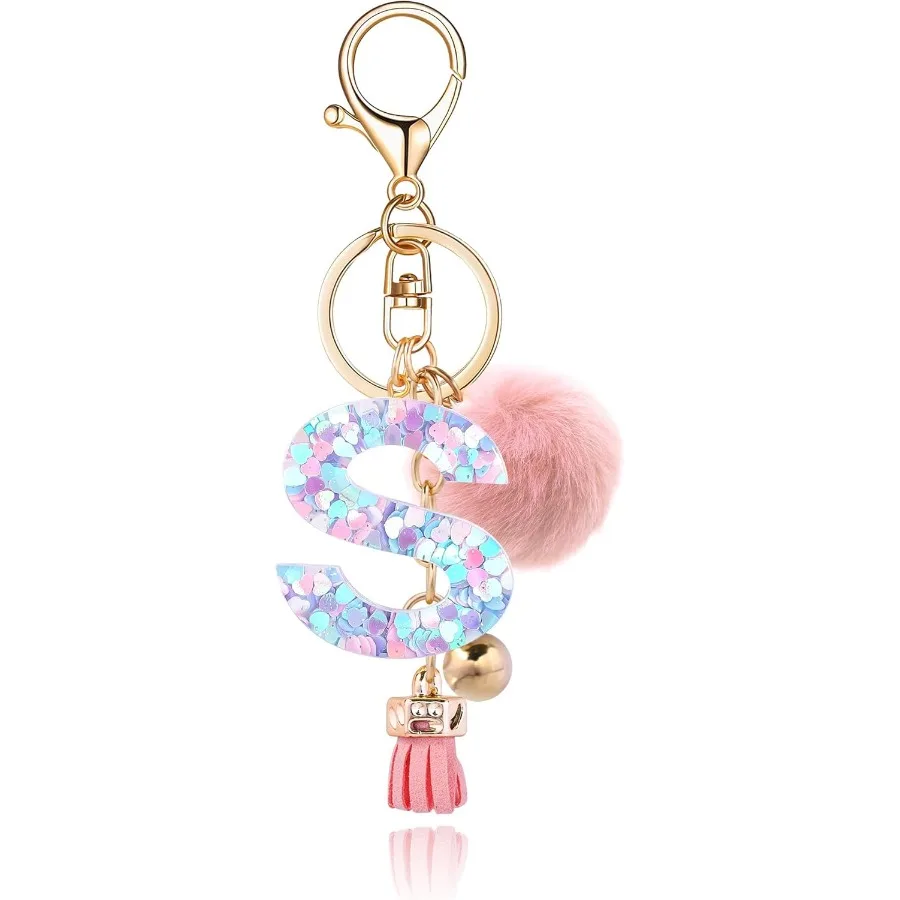 

Resin Alphabet Initial Letter Keychain Keyring for Women Purse Handbags With Fur Ball Pom