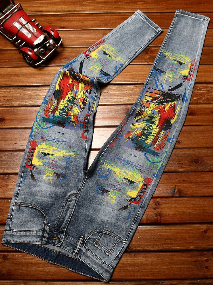 Graffiti Printing Jeans Men\'s Fashion Summer Thin Street Slim Fit Skinny Fashion Elastic Personalized Denim Trousers