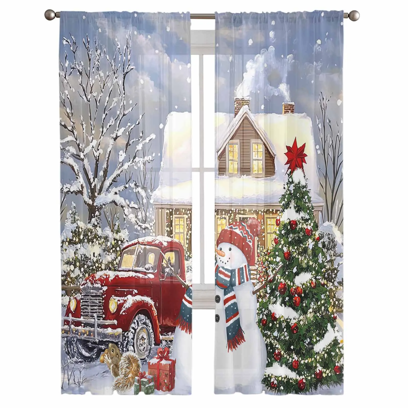 Christmas And Winter Snow Scenery Snowman Curtains Decorations For Home Window Tulle Curtains For Living Room Bedroom