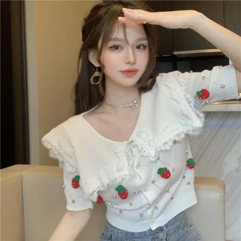 Blouse Knitwear Women's Summer Sweet Peter Pan Collar Lace Trim Strawberry Studs Short Sleeves Knit Cardigan New Versatile Chic view 2