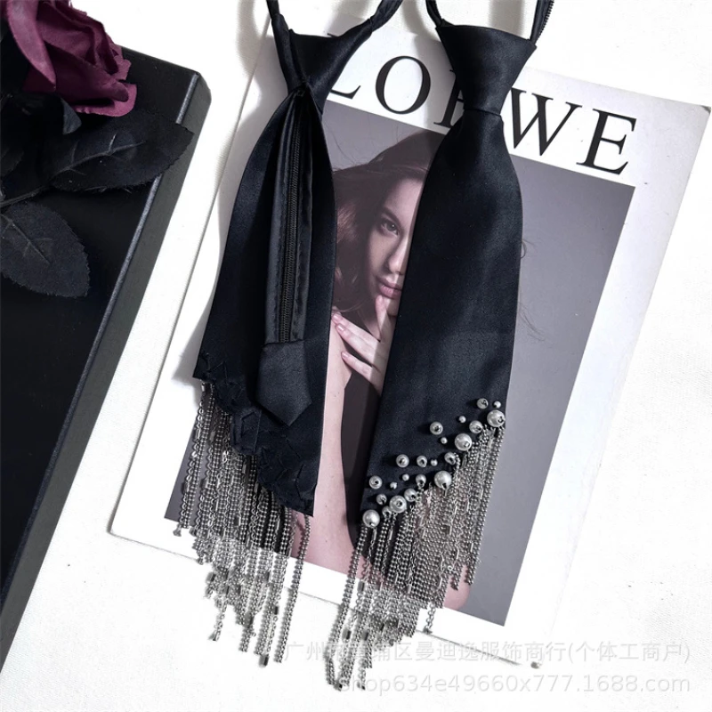 2025 New Heavy-Duty Tassel Tie for Women, Pearl Lazy Tie, No Need to Tie, Matching with Shirts, Black Tie, Trendy