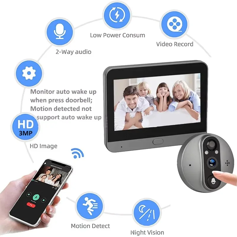 Smart  WiFi Door Bell Eye  Camera 5000mAh Battery PIR Motion Detector Digital Door Viewer