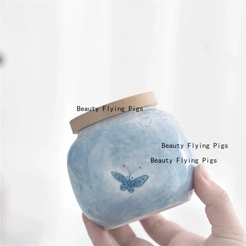 1pc Hand Drawn Butterfly Love Flower Tea Jar Ceramic Portable Sealed Tea Can Mini Cheese Storage Jar with Lid Chinese Style