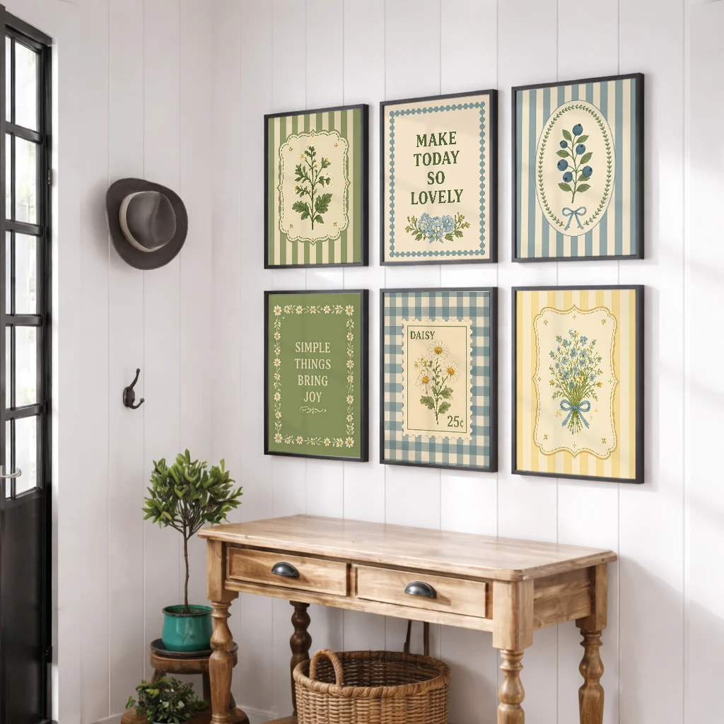 Set of 6 Vintage Daisy Blueberry Floral Canvas Posters Cottagecore Botanical Wall Art for Bedroom Living Room Home Decor