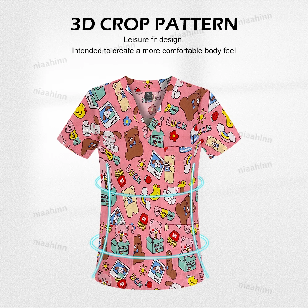 Fashionable Printed Uniform for Doctor and Nurse Wholesale Scrubs Top Medical Surgical Gowns Dentist Cartoon Cute Workwear Women