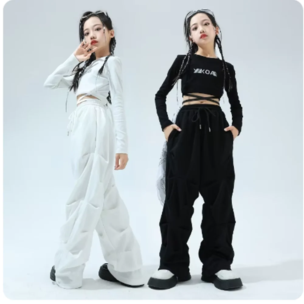 

Children Jazz Dance Wear Girls Black Tops White Pants Hip Hop Performance Costume Kpop Stage Outfit Kids Street Dance Suit