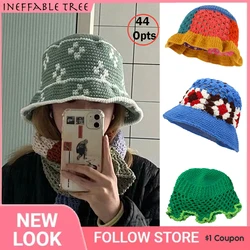 Y2K Japan Handwoven Cotton Yarn Crochet Bucket Hats Spring Summer Soft Sun Hat Women Beach Hats Plaid Flower Bob Fisherman Caps