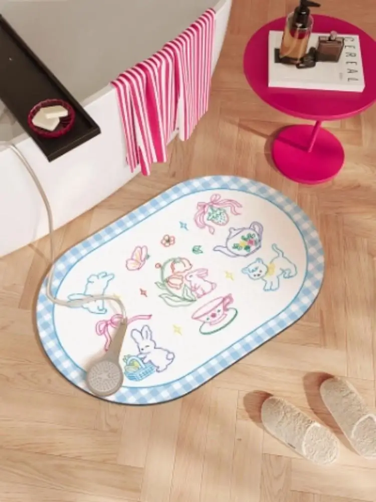 Cute Cartoon Rabbit Kitten Oval Bath Mat Blue Gingham Border Soft Fluffy Absorbent Non‑Slip Floor Rug Teapot Floral Print Doorma