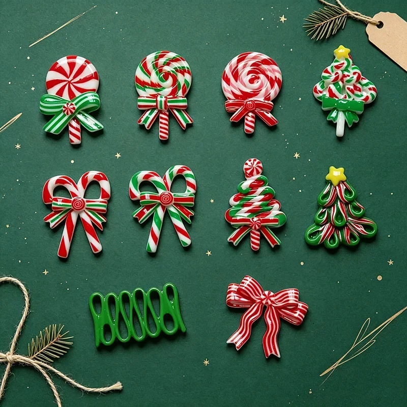 100pcs Cute Christmas Striped Candy Tree Bow Resin Flatback Cabochon DIY for Phone Case Hairpin Keychain Earrings Scrapbook