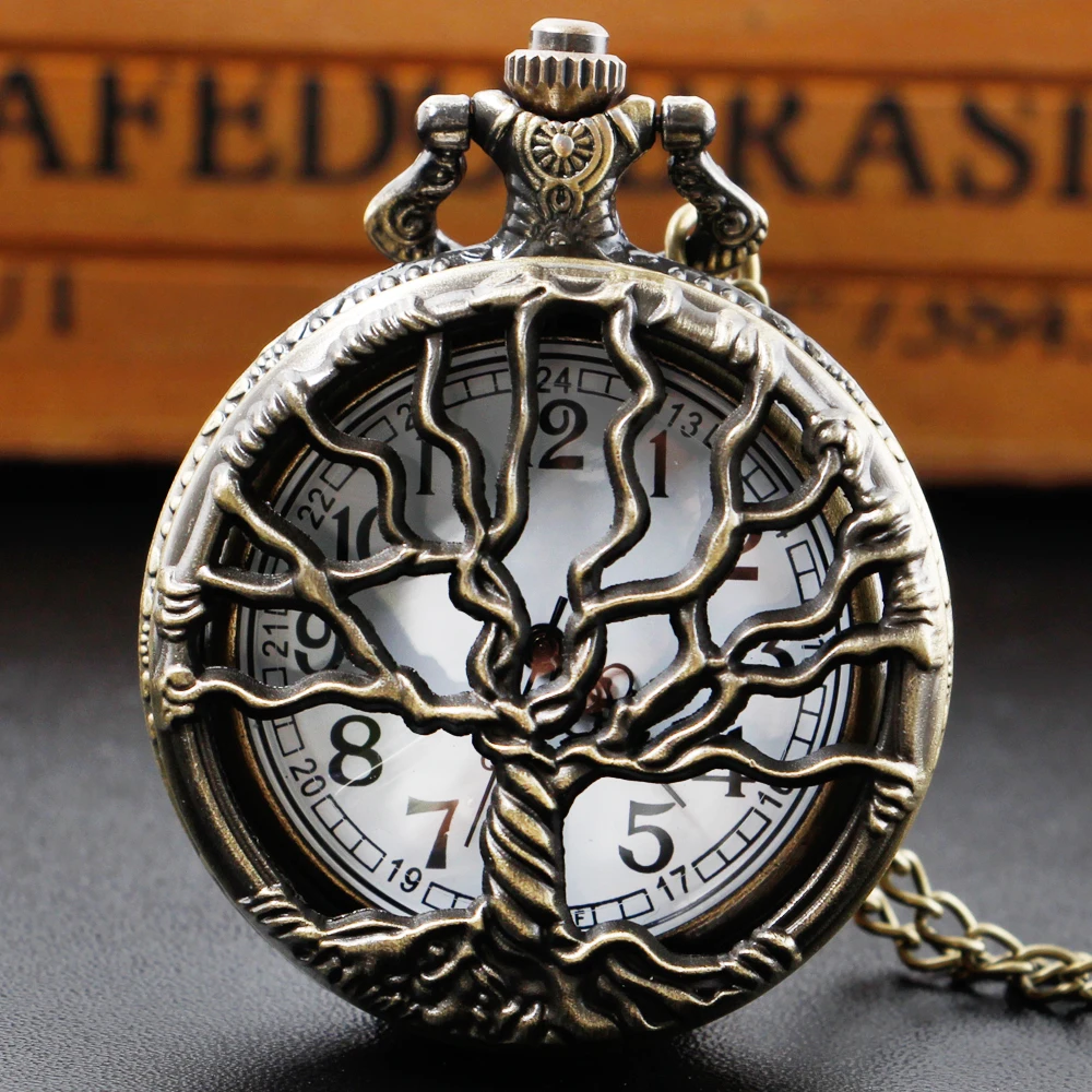 

Bronze Life Tree Design Antique Quartz Pocket Watch with Pendant Necklace fob Clock Watch Gifts for Men Women