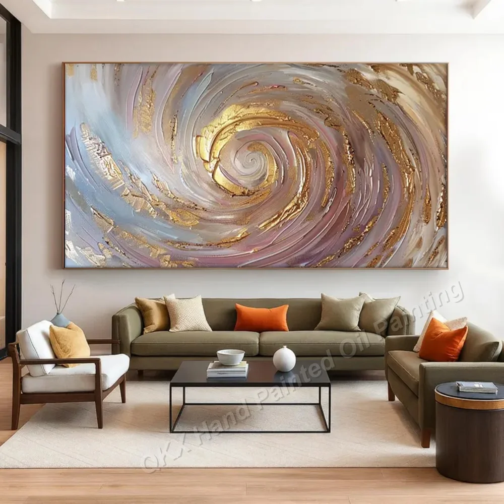 Luxury Gold Foil Swirl Impasto Handmade Oil Painting on Canvas Horizontal Wall Art Decor for Living Room