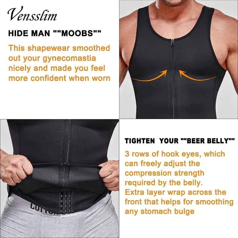 Vensslim Men Shapewear Slimming Body Shaper Compression Shirt with Zipper Tummy Control Waist Trainer Sweat Sauna Corset