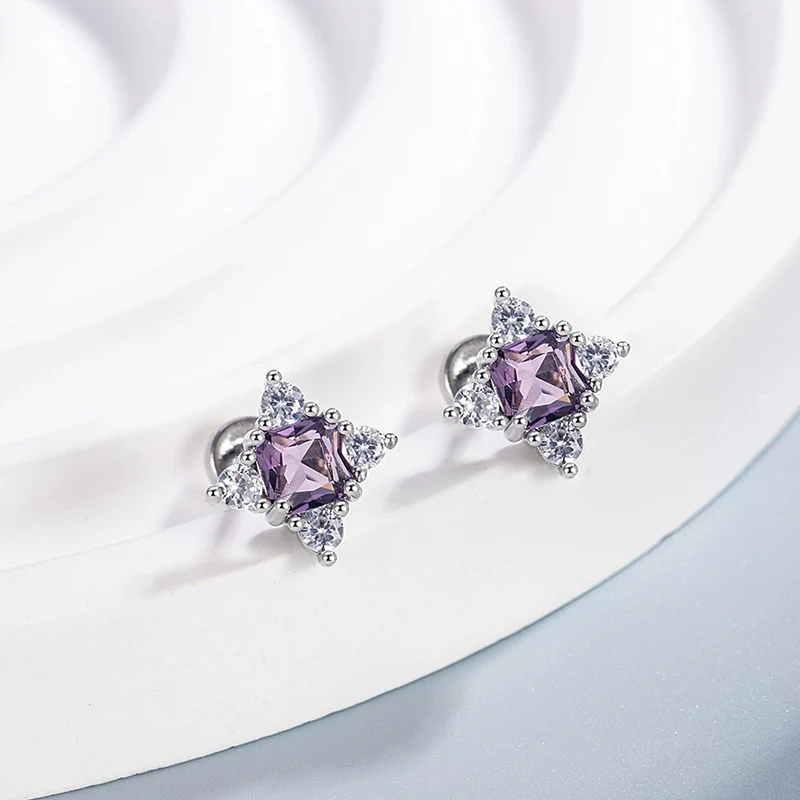 Flashy four-pointed Star Flat-Bottomed Screw Ear Studs Exquisite and Fashionable Niche Design Square Zircon Earings KOFSAC