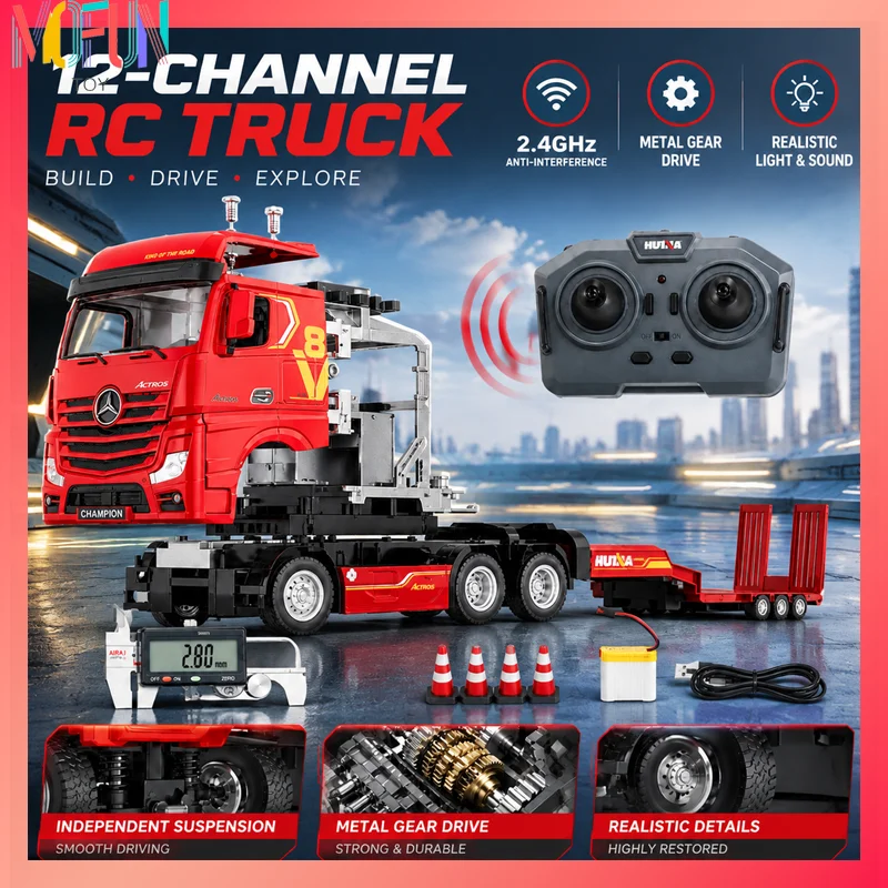 HUINA 9900 RC Car 1/64 12CH Mini Alloy Remote Control Flatbed Tractor Truck 2.4G Electric Engineering Trailer Vehicle Model Toys