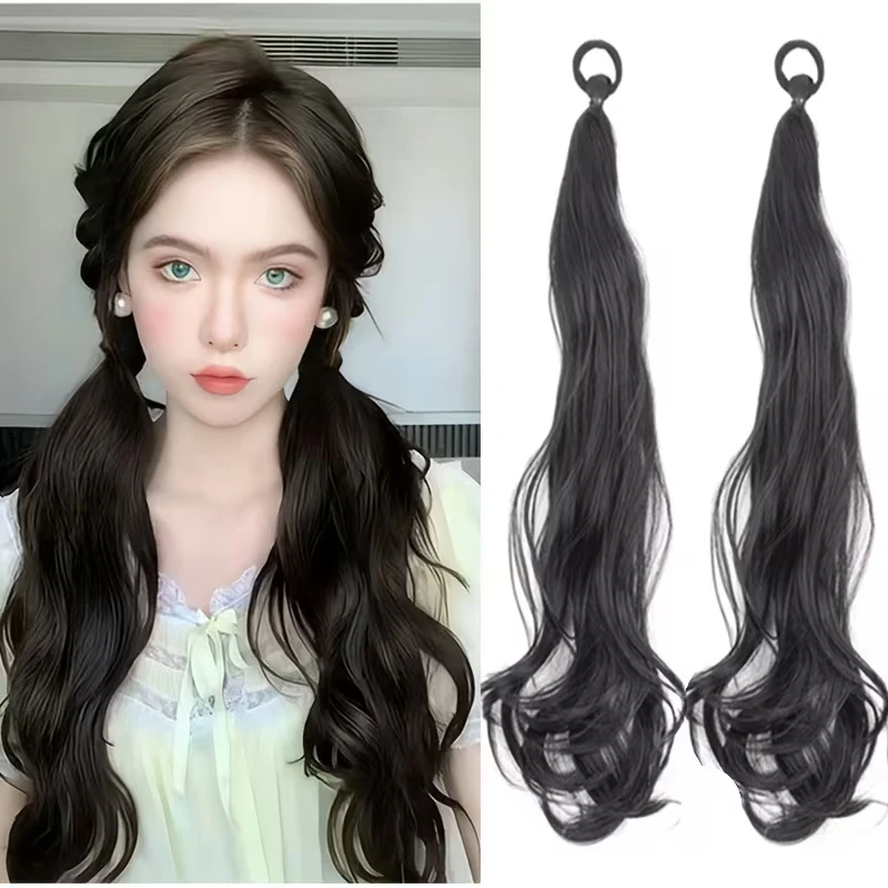 

22 дюйма синтетические 2 шт. длинные вьющиеся волосы для наращивания хвост эластичная резинка черный коричневый объемный шиньон для женщин