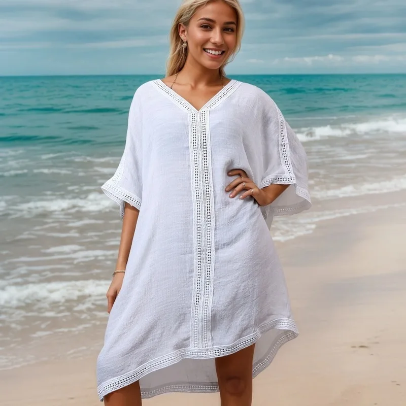Women Slouchy Crochet Knit Beach Cover Up See Through V Neck Swimwear Rash Guard Cardigan Bathing Suit Coveralls for Swimming