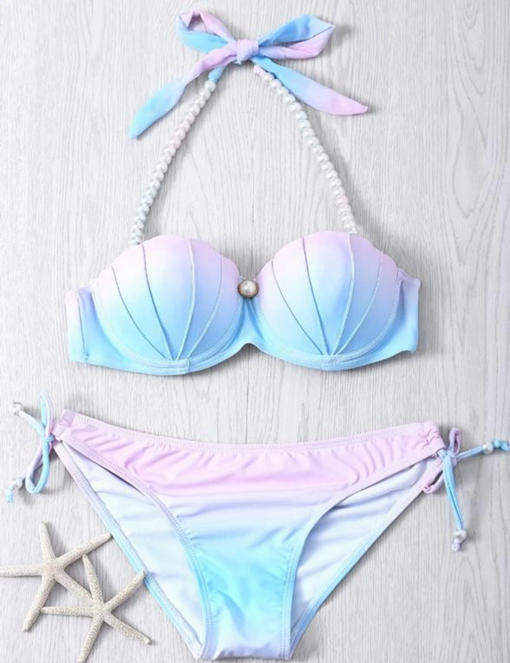 Mermaid Style Fashion Women Two Pieces Bikini Set Gradient Color Shell Halter Swimsuit Girl Swimwear Sports Beach Clothing 2023