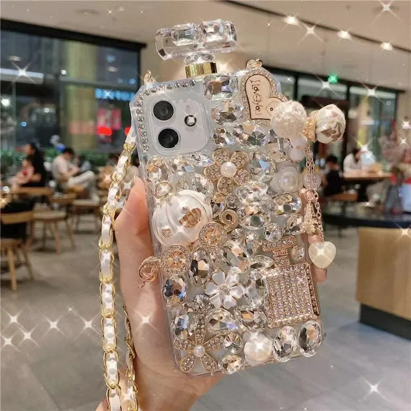 Perfume Bottle Glass Rhinestone Case for Samsung Galaxy S24, S20 Plus, S21 FE, S22, 23Ultra, Note 20, Full Bore Bear Case