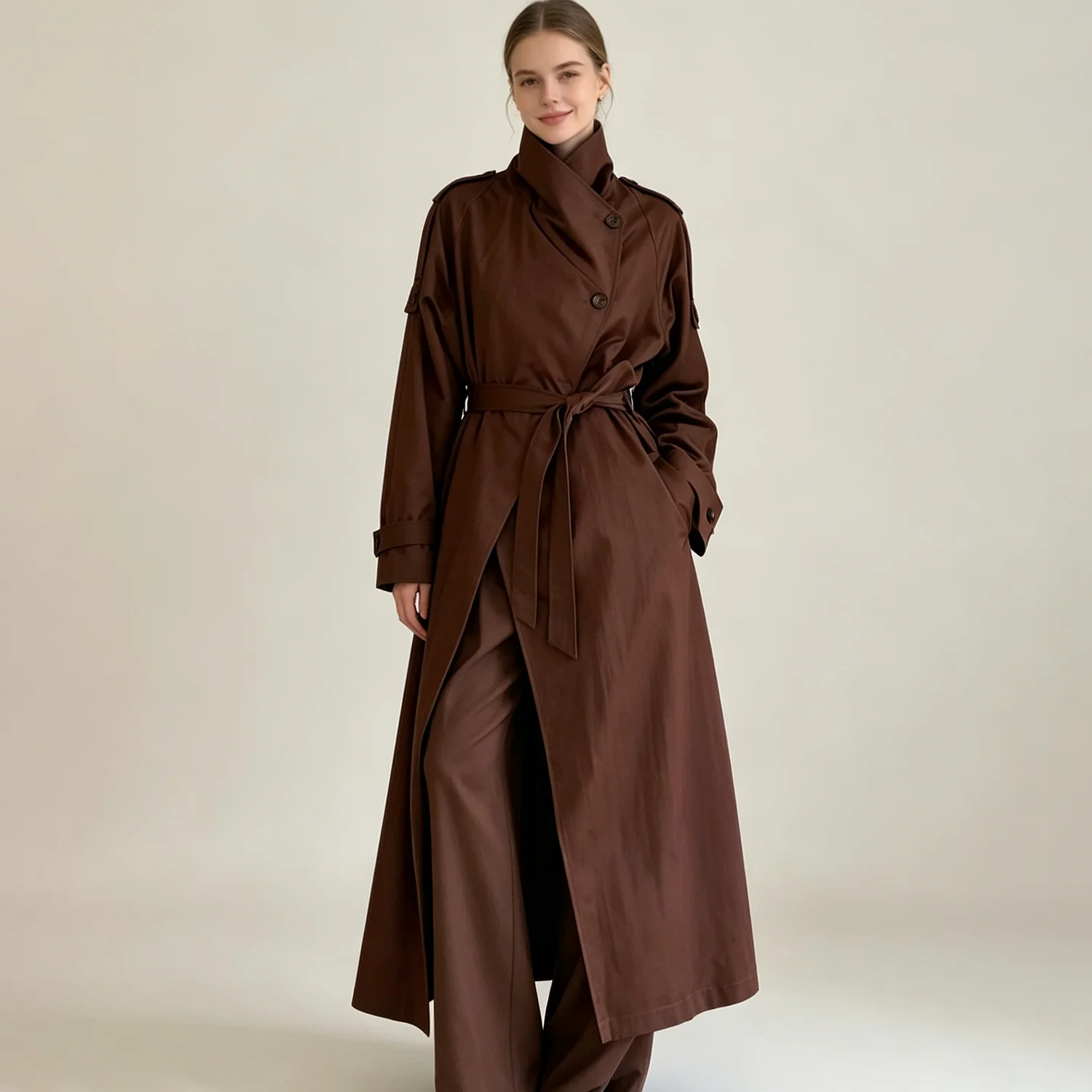 PUAL  2026 Women long trench coat, high asymmetric collar, waist belt design, loose oversized cut, classic windproof outerwear