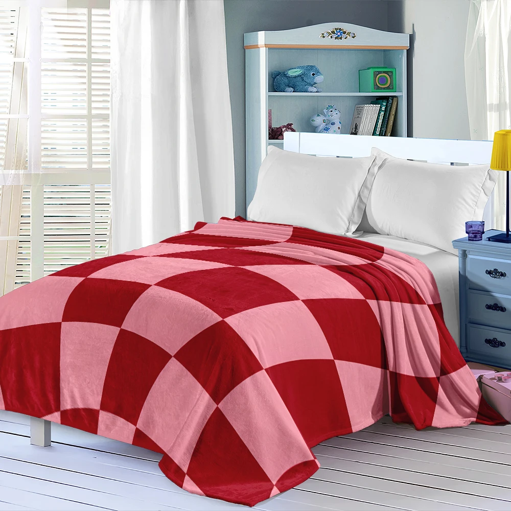 Red Pink Warped Checker Flannel Blanket Perfect For Sofa Office Bed Travel Sleep Read Relax Camping Four Season Use