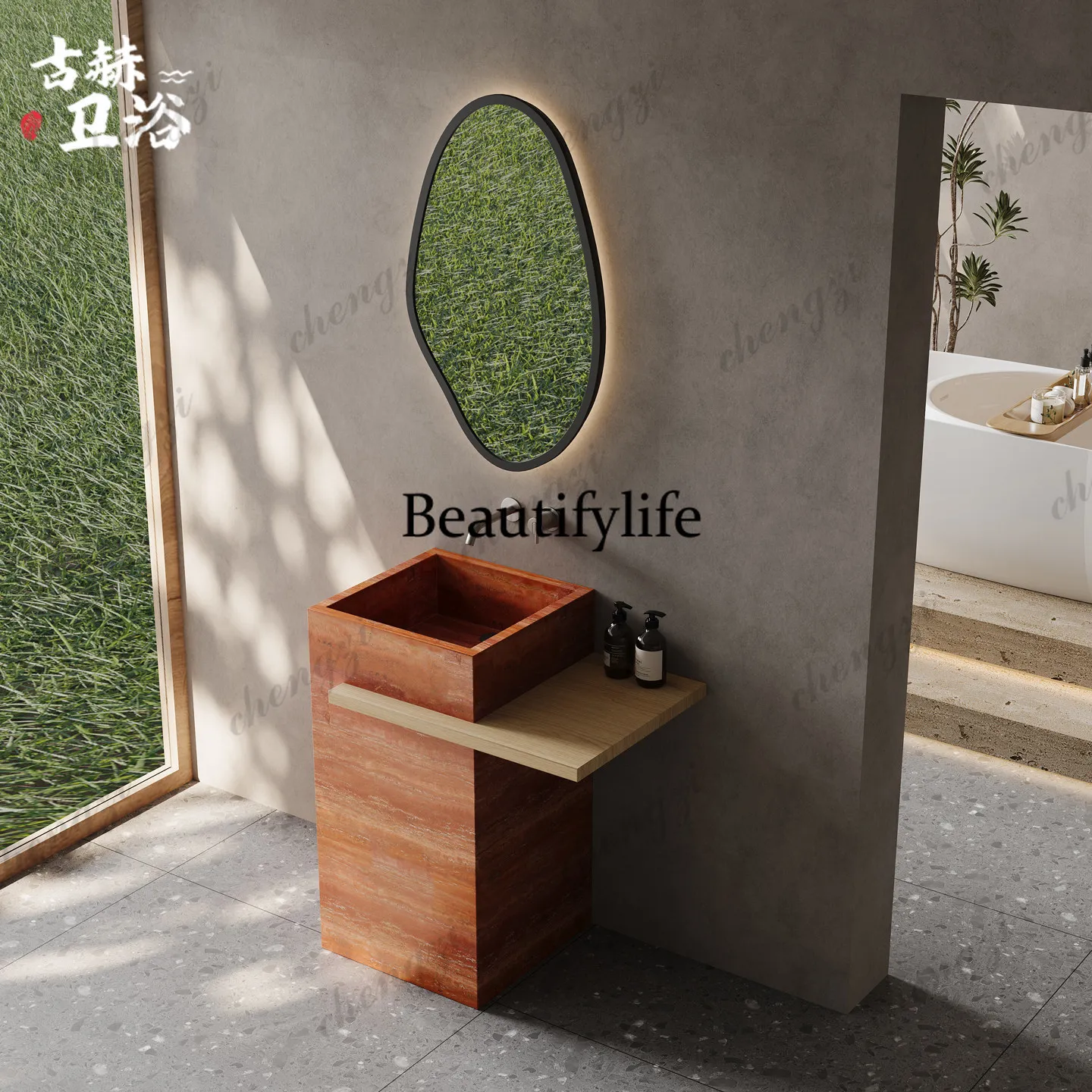 Red travertine marble slate floor-to-ceiling hand washing basin, clubhouse column basin pool customization